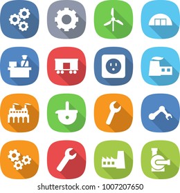 flat vector icon set - gear vector, windmill, hangare, customs control, railroad shipping, power socket, factory, ladle, wrench, robot hand, gears, water pump