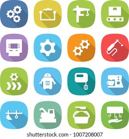 Flat Vector Icon Set - Gear Vector, Electrostatic, Tower Crane, Transporter Tape, Atm, Gears, Welding, Conveyor, Robot, Mixer, Coffee Maker, Plow, Harvester, Washing Powder, Hand Dryer