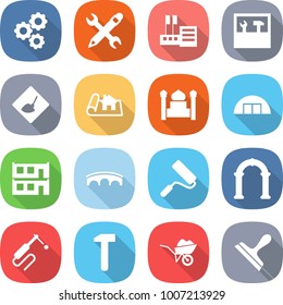 flat vector icon set - gear vector, pencil wrench, store, tools, under construction, project, minaret, hangare, modular house, bridge, repair, arch, welding, hammer, wheelbarrow, scraper