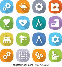 flat vector icon set - gear vector, chip, cpu, cardio, pacemaker, draw compass, factory, tower crane, drawing compasses, gears, circuit, water pump