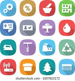 flat vector icon set - gear vector, percent, mortar, modular house, location details, check in, restaurant, drop, iron, corkscrew, factory, recycle, router, chief hat, spruce, sponge