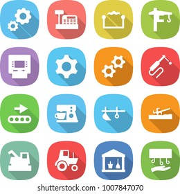 Flat Vector Icon Set - Gear Vector, Cashbox, Electrostatic, Tower Crane, Atm, Gears, Welding, Conveyor, Coffee Maker, Plow, Soil Cutter, Harvester, Tractor, Utility Room, Hand Dryer