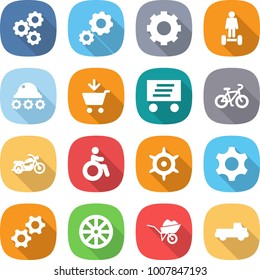 flat vector icon set - gear vector, hoverboard, lunar rover, add to cart, delivery, bike, motorcycle, invalid, handwheel, gears, wheel, wheelbarrow, pickup