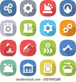 flat vector icon set - gear vector, cashbox, tomography, washing machine, coffee maker, gears, press, welding, conveyor, robot hand, harvester, utility room, powder