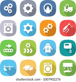 Flat Vector Icon Set - Gear Vector, Tomography, Fork Loader, Washing Machine, Gears, Welding, Conveyor, Robot, Mixer, Plow, Trash Truck, Hand Dryer