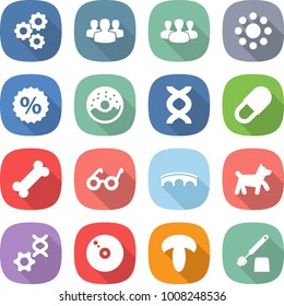 flat vector icon set - gear vector, group, round around, percent, donut, dna, pill, bone, pacemaker, bridge, dog, edit, cd, mushroom, toilet brush