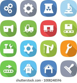 flat vector icon set - gear vector, nuclear power, microscope, slum, fork loader, railroad shipping, transporter tape, repair tools, oil pump, wrench, conveyor, robot, barn, scraper
