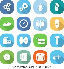 flat vector icon set - gear vector, bulb, jet ski, barometer, magnetic field, factory, coil, server, hammer, solar power, kettle, pancakes, plow