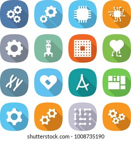 flat vector icon set - gear vector, chip, dna modify, cpu, cardio, chromosomes, pacemaker, draw compass, consolidated cargo, gears, circuit