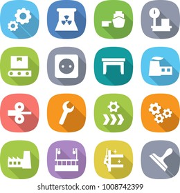 flat vector icon set - gear vector, nuclear power, port, warehouse scales, transporter tape, socket, table, factory, metal rolling, wrench, conveyor, gears, skysrcapers cleaning, skyscrapers