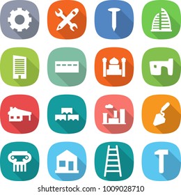 flat vector icon set - gear vector, pencil wrench, nail, skyscraper, bunker, minaret, slum, house with garage, block wall, city, construction, antique column, home, ladder, hammer