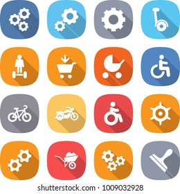 flat vector icon set - gear vector, gyroscooter, hoverboard, add to cart, baby stroller, disability, bike, motorcycle, invalid, handwheel, gears, wheelbarrow, scraper