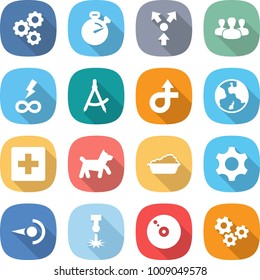 flat vector icon set - gear vector, stopwatch, core splitting, group, infinity power, draw compass, trip, earth, first aid, dog, washing, photon, laser, cd, gears