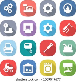 flat vector icon set - gear vector, cashbox, tomography, warehouse scales, atm, welding, printer, mixer, blender, harvester, tractor, utility room, washing machine, hand dryer