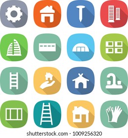 flat vector icon set - gear vector, home, nail, skyscrapers, skyscraper, bunker, hangare, panel house, ladder, real estate, bungalow, water tap, window, gloves