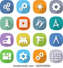 flat vector icon set - gear vector, chip, dna modify, cpu, chromosomes, draw compass, factory, tower crane, drawing compasses, consolidated cargo, gears, circuit