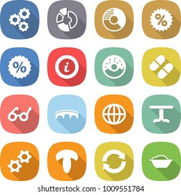 flat vector icon set - gear vector, circle diagram, percent, info, donut, pill, pacemaker, bridge, globe, table, gears, mushroom, reload, foam basin