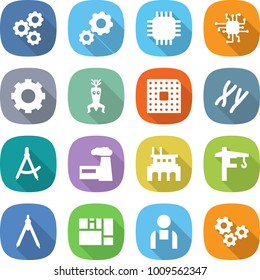 flat vector icon set - gear vector, chip, dna modify, cpu, chromosomes, draw compass, factory, tower crane, drawing compasses, consolidated cargo, workman, gears