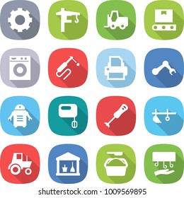 Flat Vector Icon Set - Gear Vector, Tower Crane, Fork Loader, Transporter Tape, Washing Machine, Welding, Printer, Robot Hand, Mixer, Blender, Plow, Tractor, Utility Room, Powder, Dryer