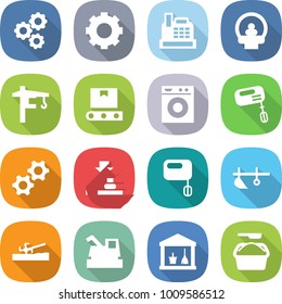 flat vector icon set - gear vector, cashbox, tomography, tower crane, transporter tape, washing machine, mixer, gears, press, plow, soil cutter, harvester, utility room, powder