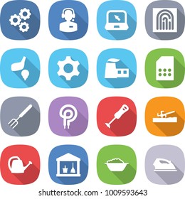 flat vector icon set - gear vector, call center, notebook, fingerprint, golf, factory, sim card, big fork, elecric oven, blender, soil cutter, watering can, utility room, foam basin, iron