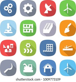 flat vector icon set - gear vector, satellite antenna, windmill, microscope, modular house, brick, construction, architector, conveyor, solar panel, soil cutter, sickle, harvester, barn