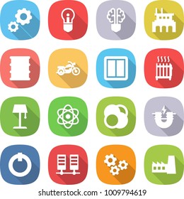 flat vector icon set - gear vector, bulb, brain, factory, barrel, motorcycle, power switch, radiator, floor lamp, atom, core, electric magnet, on off button, server, gears