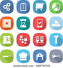 flat vector icon set - gear vector, clipboard, delivery, diagram, cpu, sand clock, mobile checking, shark flipper, coffee maker, blocks, server, hammer, pan, cook hat, barn, blower