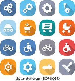 flat vector icon set - gear vector, gyroscooter, lunar rover, add to cart, delivery, baby stroller, bike, disability, invalid, handwheel, pickup, scraper