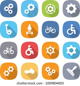 flat vector icon set - gear vector, around, gyroscooter, hoverboard, bike, disability, invalid, handwheel, gears, pickup, scraper