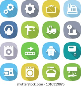 flat vector icon set - gear vector, electrostatic, cashbox, tomography, tower crane, fork loader, warehouse scales, washing machine, conveyor, robot, mixer, coffee maker, powder, hand dryer