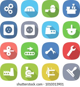 flat vector icon set - gear vector, hangare, port, customs control, power socket, factory, ladle, metal rolling, conveyor, robot hand, wrench, water pump, skyscrapers cleaning, scraper