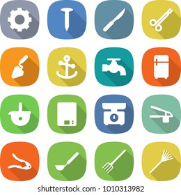 flat vector icon set - gear vector, nail, scalpel, surgical clamp, construction, anchor, water tap, fridge, ladle, kitchen scales, garlic clasp, walnut crack, fork, rake