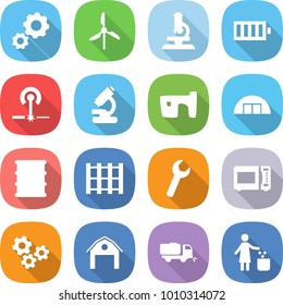 flat vector icon set - gear vector, windmill, microscope, battery, laser, slum, hangare, barrel, pallet, wrench, microwave oven, gears, barn, sweeper, garbage bin