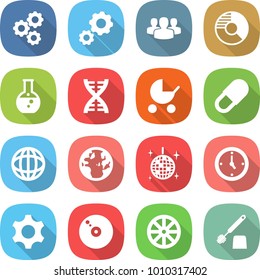 flat vector icon set - gear vector, group, circle diagram, round flask, dna, baby stroller, pill, globe, disco ball, watch, cd, wheel, toilet brush