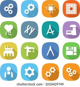 flat vector icon set - gear vector, chip, cpu, cardio, chromosomes, draw compass, factory, tower crane, drawing compasses, consolidated cargo, workman, gears