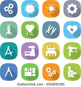 flat vector icon set - gear vector, chip, dna modify, cardio, chromosomes, pacemaker, draw compass, factory, tower crane, drawing compasses, consolidated cargo, gears, water pump