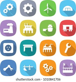 flat vector icon set - gear vector, windmill, hangare, factory, port, railroad shipping, power socket, table, wrench, robot hand, plow, gears, skysrcapers cleaning
