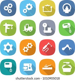 flat vector icon set - gear vector, electrostatic, tomography, tower crane, fork loader, warehouse scales, mixer, gears, welding, robot hand, coffee maker, soil cutter, washing powder