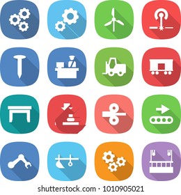 flat vector icon set - gear vector, windmill, laser, nail, customs control, fork loader, railroad shipping, table, press, metal rolling, conveyor, robot hand, plow, gears, skysrcapers cleaning