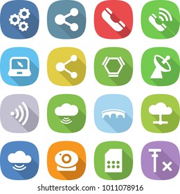 flat vector icon set - gear vector, share, phone, call, notebook, molecule, hex, satellite antenna, wireless, cloud, bridge, service, web camera, sim card, no signal