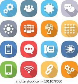 flat vector icon set - gear vector, group, chip, discussion, round around, server, antenna, clipboard, balloon, intercome, satellite, phone, wireless, link, gears