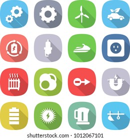 flat vector icon set - gear vector, windmill, eco car, battery charge, spark plug, jet ski, power socket, radiator, atom core, electron, electric magnet, solar, kettle, plow