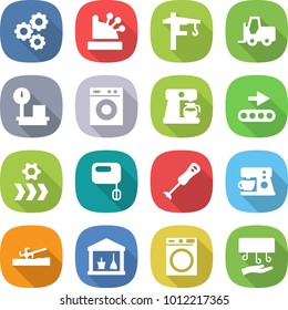 flat vector icon set - gear vector, cashbox, tower crane, fork loader, warehouse scales, washing machine, coffee maker, conveyor, mixer, blender, soil cutter, utility room, hand dryer