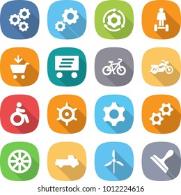 flat vector icon set - gear vector, around, hoverboard, add to cart, delivery, bike, motorcycle, invalid, handwheel, gears, wheel, pickup, windmill, scraper