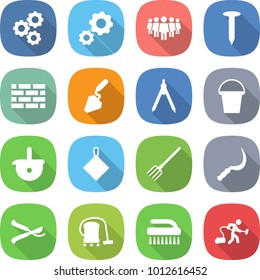 flat vector icon set - gear vector, team, nail, brick wall, construction, drawing compasses, bucket, ladle, rag, fork, sickle, pruner, vacuum cleaner, brush