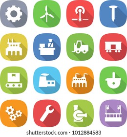 flat vector icon set - gear vector, windmill, laser, nail, factory, customs control, fork loader, railroad shipping, transporter tape, ladle, gears, wrench, water pump, skysrcapers cleaning