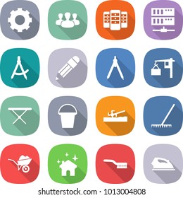 flat vector icon set - gear vector, group, server, draw compass, pencil, drawing compasses, loading, iron board, bucket, soil cutter, rake, wheelbarrow, house cleaning, brush