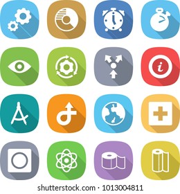 flat vector icon set - gear vector, circle diagram, alarm clock, stopwatch, eye, around, core splitting, info, draw compass, trip, earth, first aid, ring button, atom, toilet paper, towel