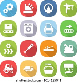 flat vector icon set - gear vector, cashbox, tomography, tower crane, transporter tape, washing machine, printer, conveyor, blender, soil cutter, harvester, tractor, trash truck, powder, hand dryer